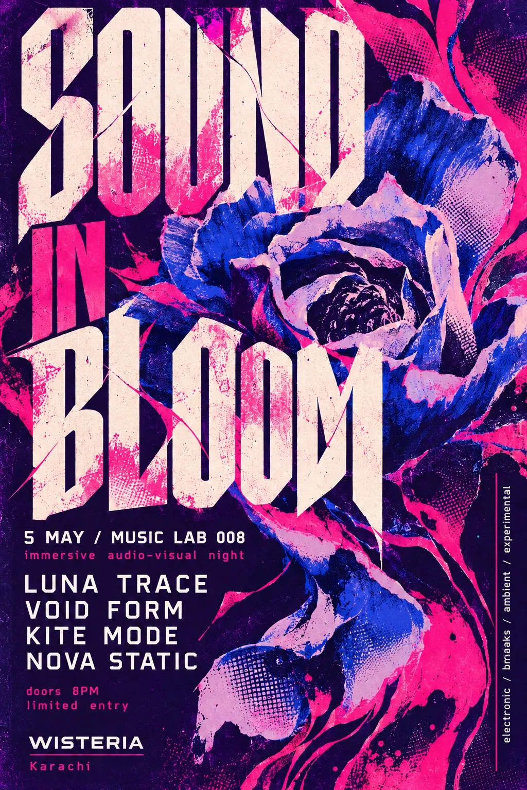Sound in Bloom: cream lettering over an electric blue-and-pink flower on deep violet