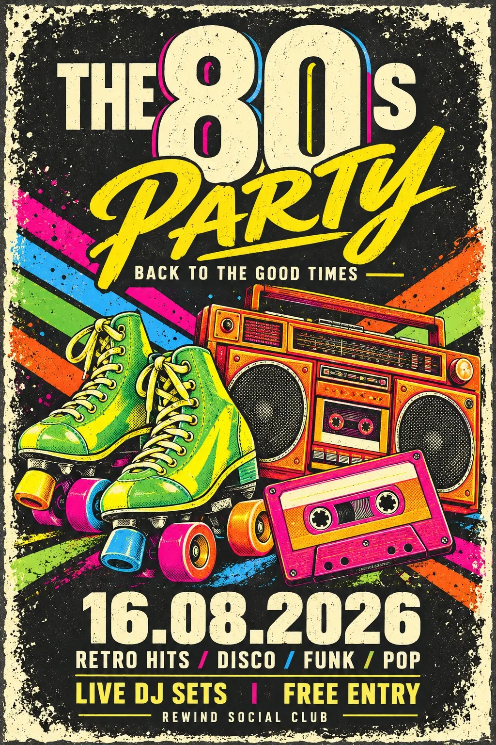 The 80s Party: oversized numerals, brush script, roller skates, a boombox and a cassette in bright colour on a worn black poster