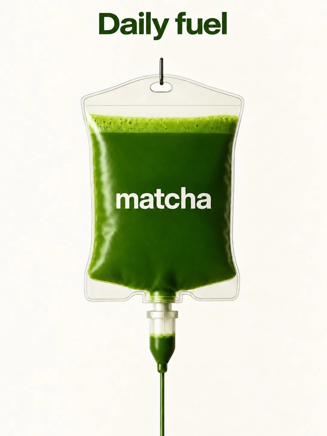 Daily Fuel: an IV bag filled with matcha, labelled matcha, on an off-white background
