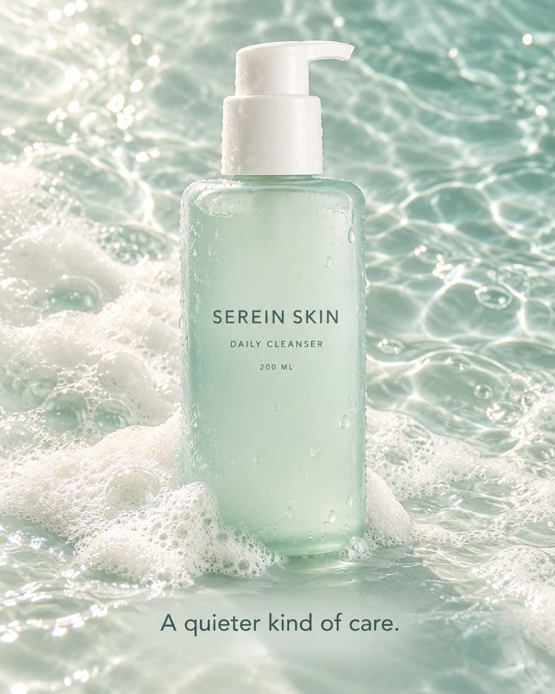 A quieter kind of care: a Serein Skin Daily Cleanser bottle in aqua water and foam