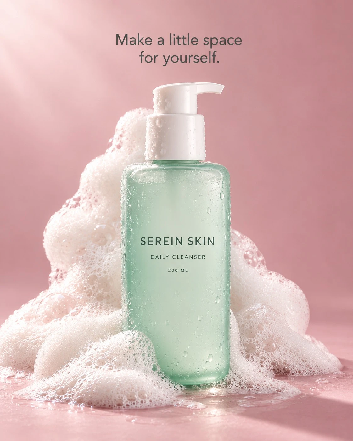 Make a little space for yourself: a Serein Skin Daily Cleanser bottle surrounded by ivory foam on a blush pink background