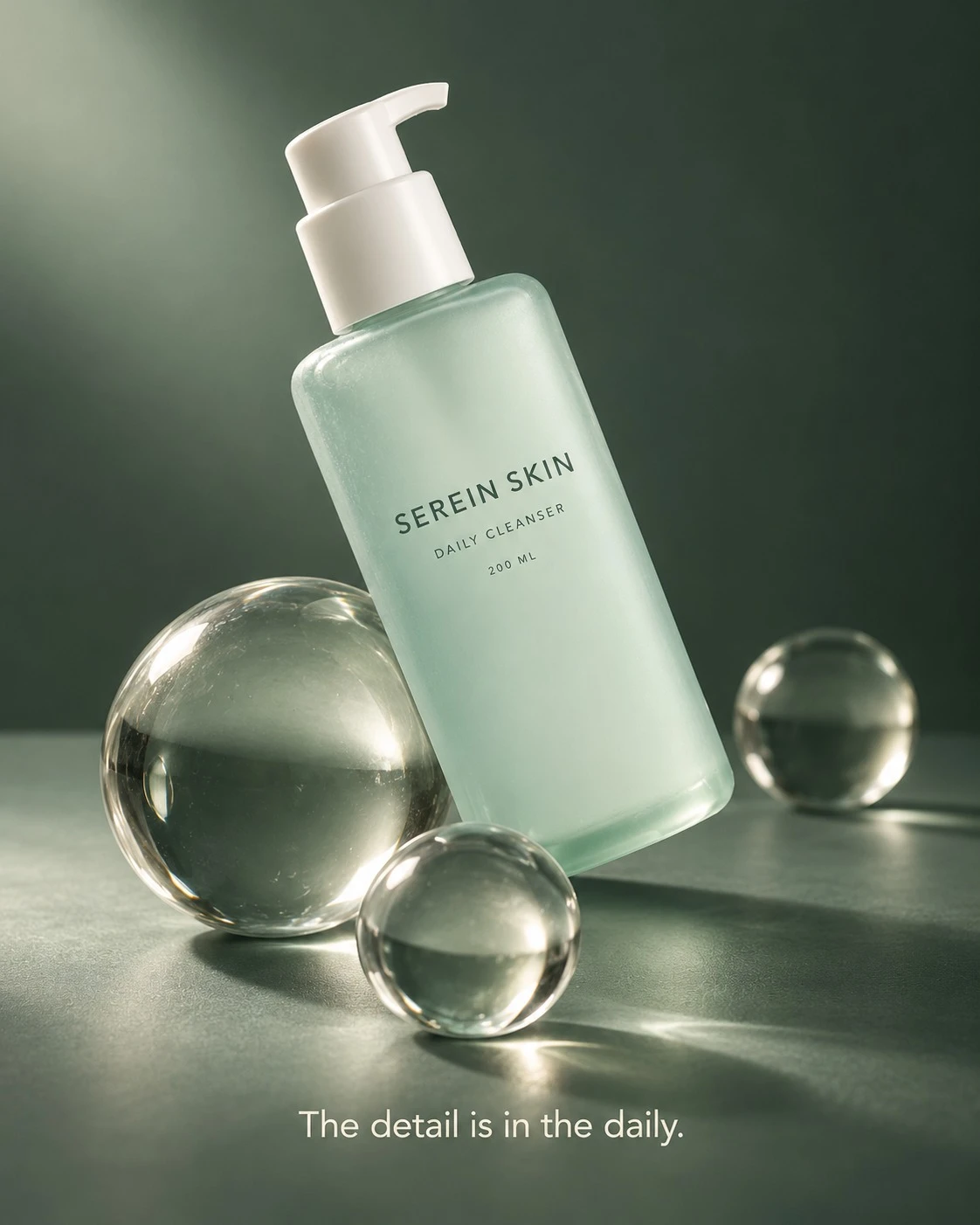 The detail is in the daily: a Serein Skin Daily Cleanser bottle tilted against transparent glass spheres on a dark green set
